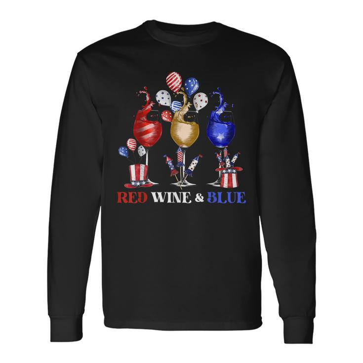 Wine Glasses 4Th Of July Red White And Blue Firework Long Sleeve T-Shirt