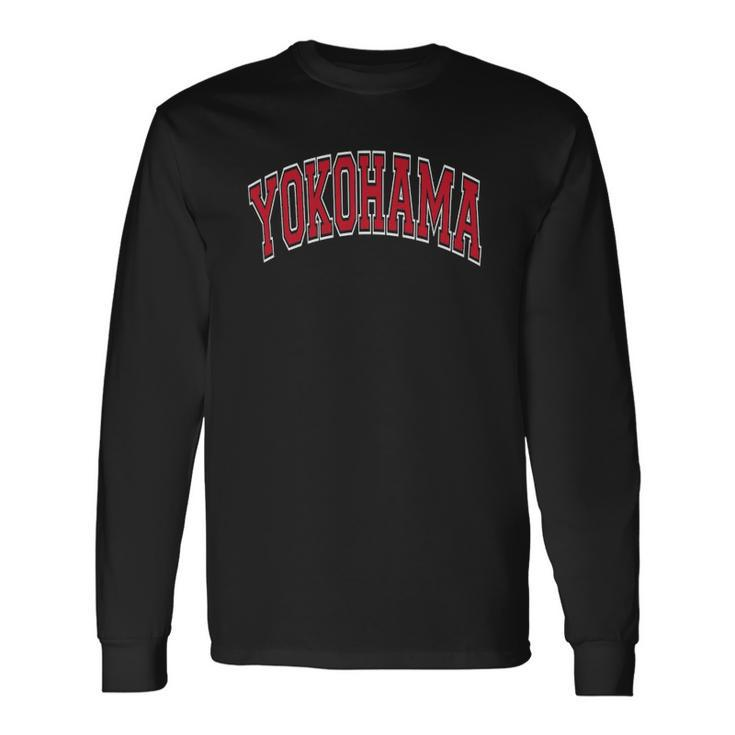 Yokohama Japan Varsity Style Red Text Long Sleeve T-Shirt
