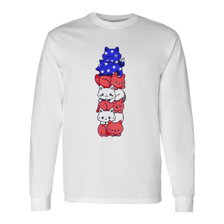 4Th Of July Cat Patriotic American Flag Cute Cats Pile Stack Long Sleeve T-Shirt T-Shirt