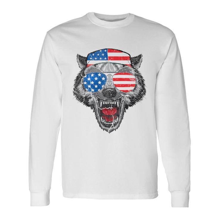 4Th Of July Wolf American Flag Usa Vintage Men Dad Long Sleeve T-Shirt