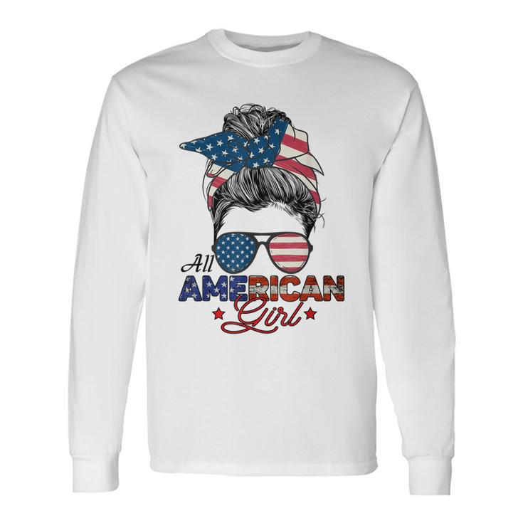 All American Girl 4Th July Messy Bun Us Flag Long Sleeve T-Shirt
