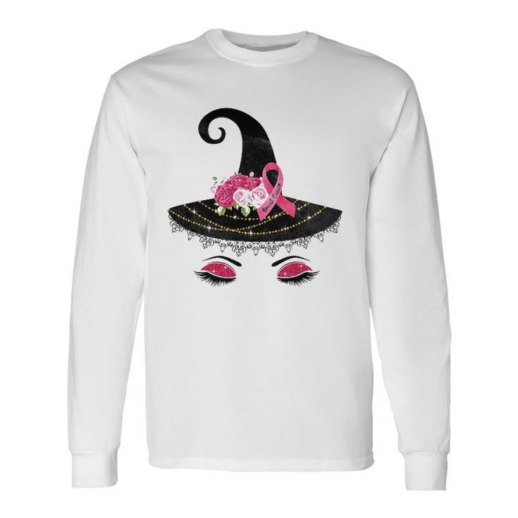 Breast Cancer Witch Hat Pink Ribbon Flower Awareness Month Long Sleeve T-Shirt T-Shirt