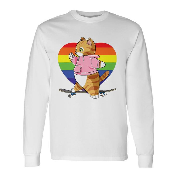 Cute Orange Tabby Cat Skateboarder Rainbow Heart Skater Long Sleeve T-Shirt T-Shirt