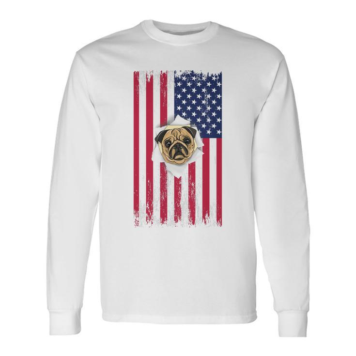 Cute Pug Face & American Flag – 4Th Of July Pug Dad Pug Mom Long Sleeve T-Shirt