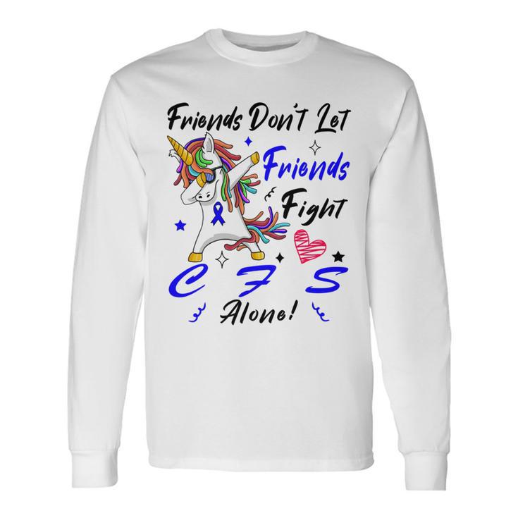 Friends Dont Let Friends Fight Chronic Fatigue Syndrome Cfs Alone  Unicorn Blue Ribbon  Chronic Fatigue Syndrome Support  Cfs Awareness Unisex Long Sleeve