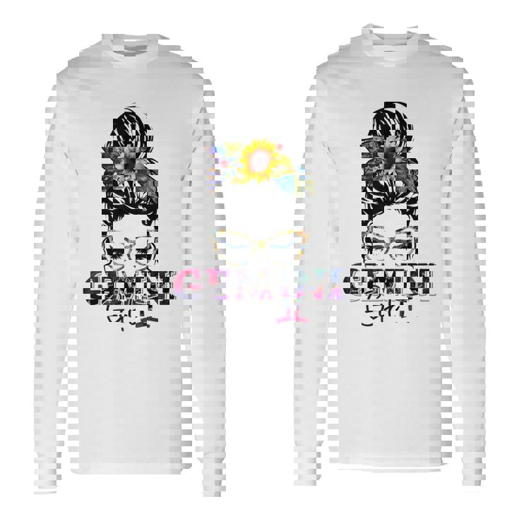 Gemini Girl Birthday Messy Bun Hair Sunflower Long Sleeve T-Shirt