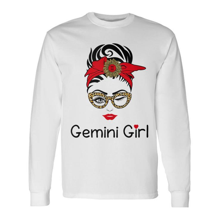 Gemini Girl Leopard Sunflower Zodiac Birthday Girl Long Sleeve T-Shirt