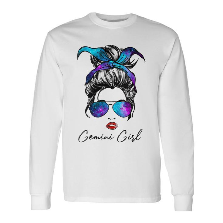 Gemini Girl Zodiac Sign Horoscope Birthday Messy Bun Galaxy Long Sleeve T-Shirt