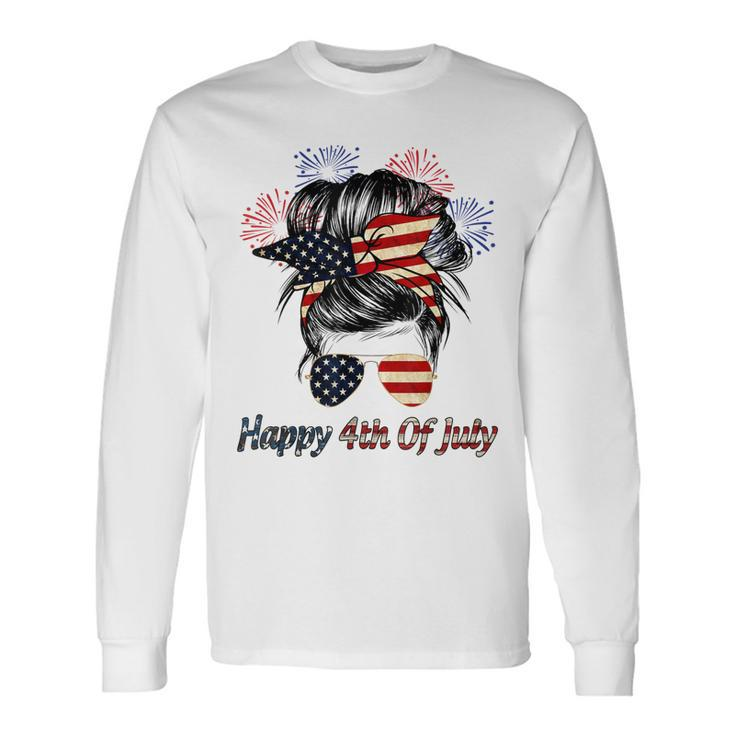 Happy 4Th Of July Messy Bun American Flag Firework Long Sleeve T-Shirt