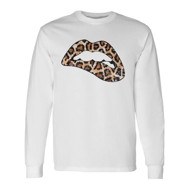 Leopard Print Lips Biting Lip Trendy Lips Animal Print Long Sleeve T-Shirt