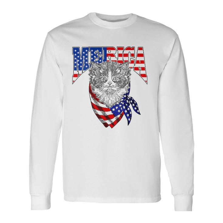 Merica Cat Happy 4Th Of July American Flag Great V-Neck Long Sleeve T-Shirt T-Shirt