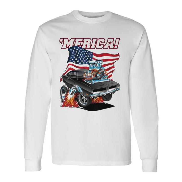 Merica Patriotic Classic Hot Rod Muscle Car Usa Flag Long Sleeve T-Shirt T-Shirt