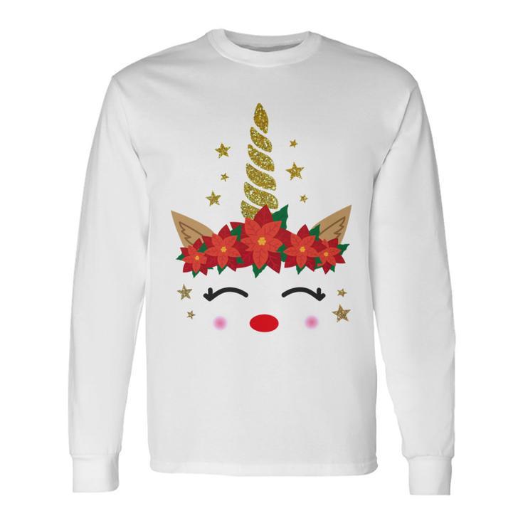 New Christmas Unicorn Face Santicorn Poinsettia Crown Cute Unisex Long Sleeve Gifts ideas