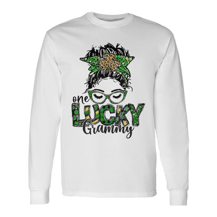 One Lucky Grammy St Patricks Day Messy Bun Leopard Unisex Long Sleeve Gifts ideas