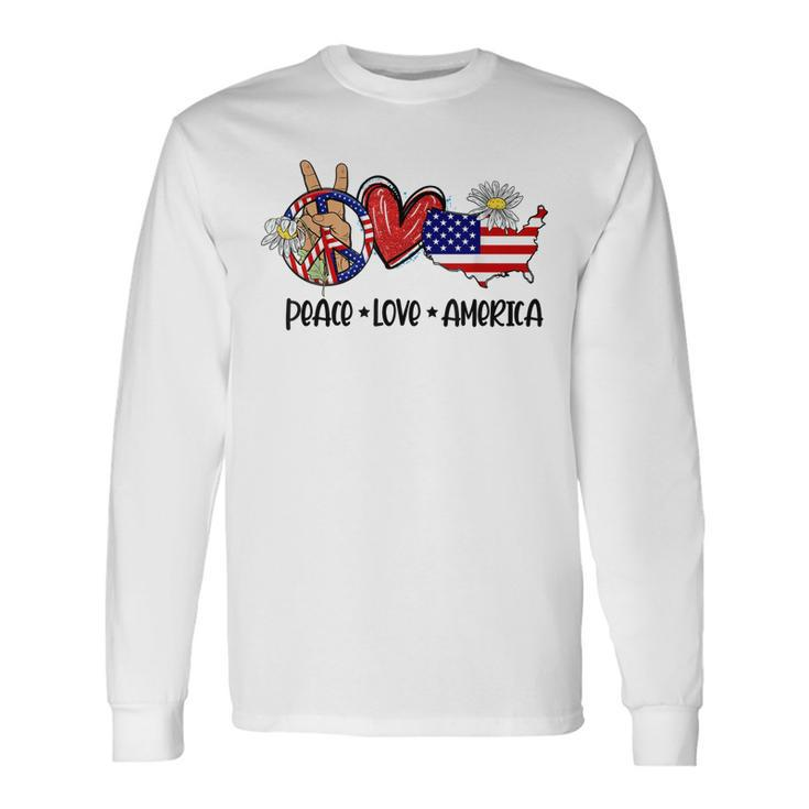 Peace Love America Usa Map Daisy Patriotic 4Th Of July Long Sleeve T-Shirt