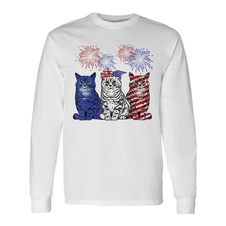 Red White Blue Cats Usa Flag Fireworks 4Th Of July Patriotic Long Sleeve T-Shirt
