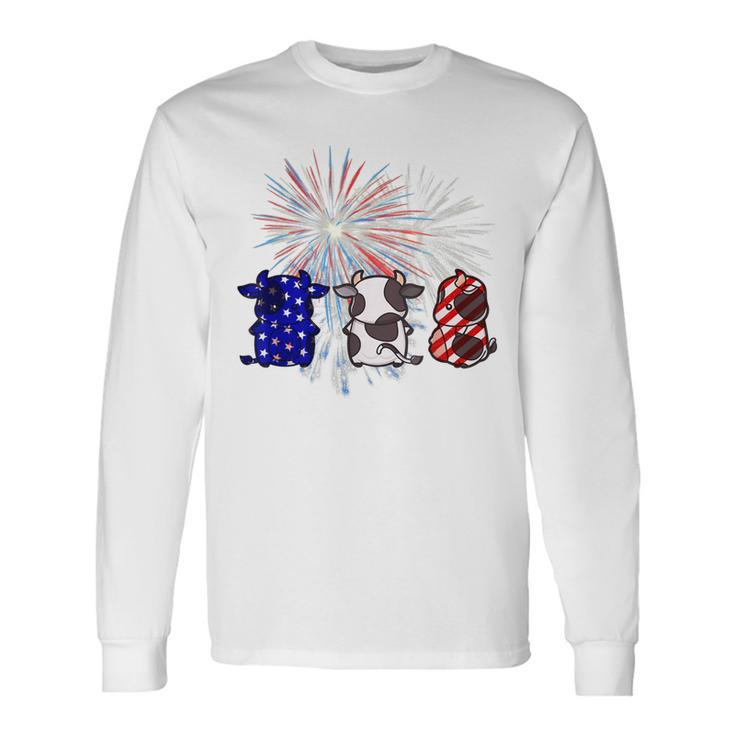 Red White Blue Cow Fireworks Patriotic 4Th Of July Long Sleeve T-Shirt