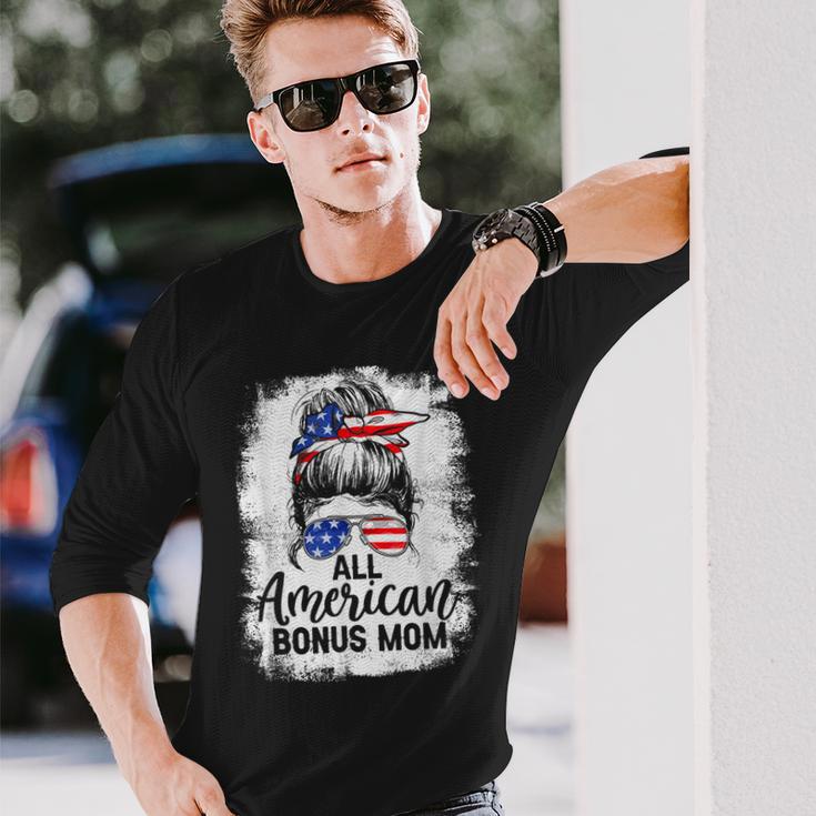 All American Bonus Mom 4Th Of July Messy Bun Proud Merica Long Sleeve T-Shirt Gifts for Him