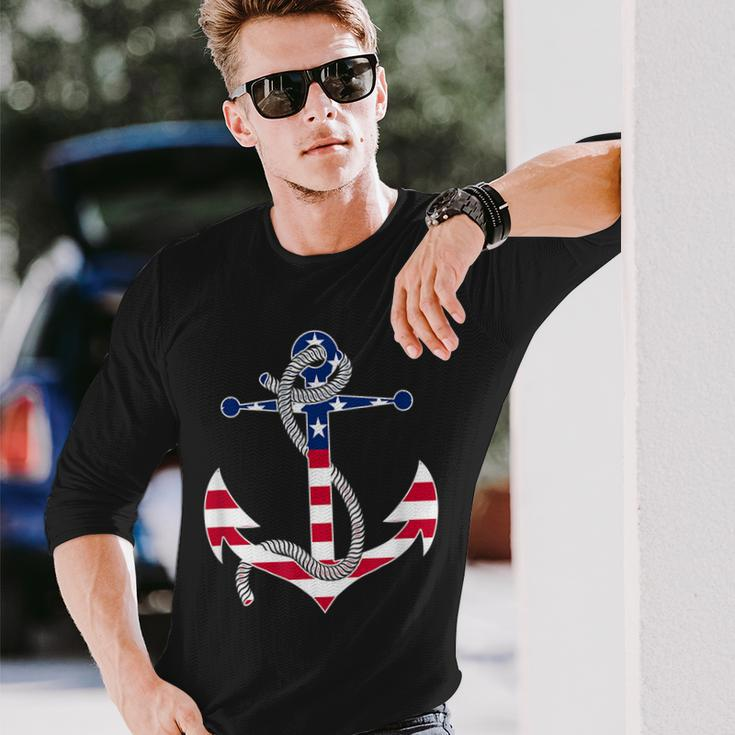 American Flag Patriotic Anchor Memorial Day 4Th Of July Long Sleeve T-Shirt Gifts for Him