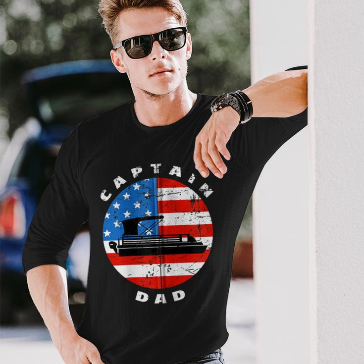 Captain Dad Pontoon Boat Retro Us Flag 4Th Of July Boating Zip Long Sleeve T-Shirt Gifts for Him