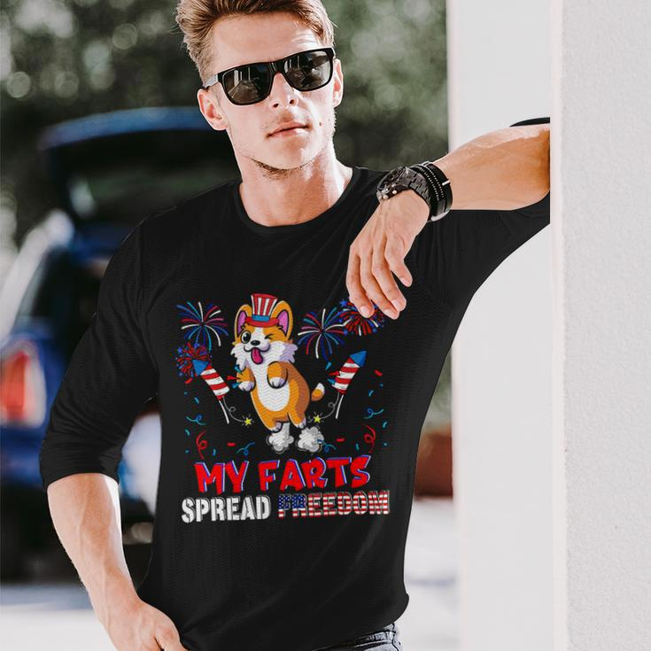 My Farts Spread Freedom American Flag Corgi Fireworks V3 Long Sleeve T-Shirt Gifts for Him