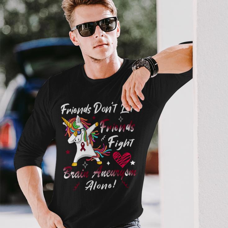 Friends Dont Let Friends Fight Brain Aneurysm Alone Unicorn Burgundy Ribbon Brain Aneurysm Bpd Brain Aneurysm V2 Unisex Long Sleeve Gifts for Him