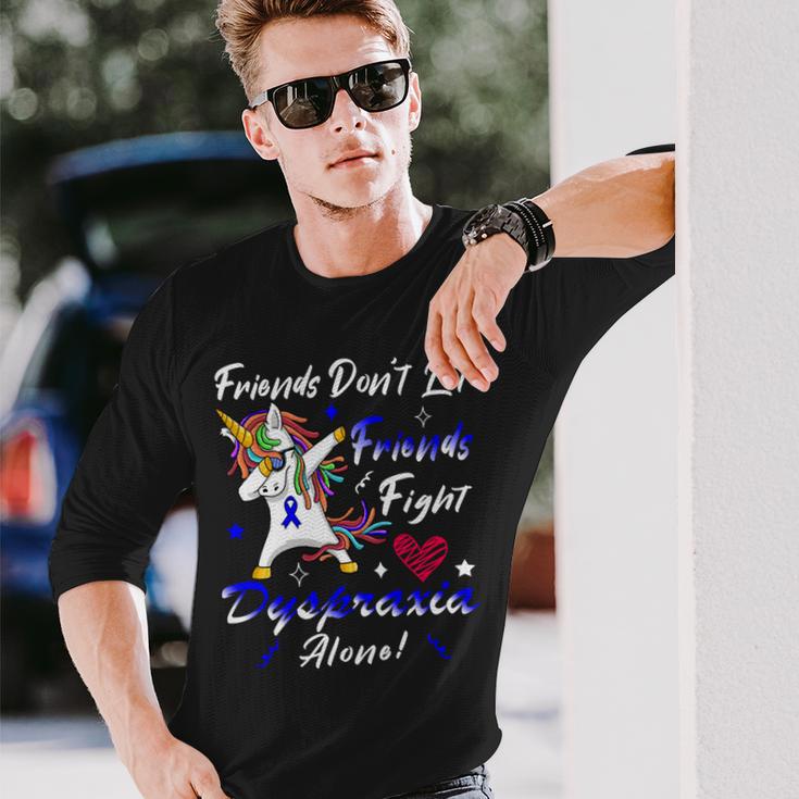 Friends Dont Let Friends Fight Dyspraxia Alone Blue Ribbon Unicorn Dyspraxia Dyspraxia Awareness Unisex Long Sleeve Gifts for Him