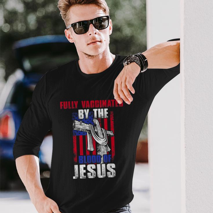 Fully Vaccinated By The Blood Of Jesus Christian USA Flag Long Sleeve T-Shirt Gifts for Him