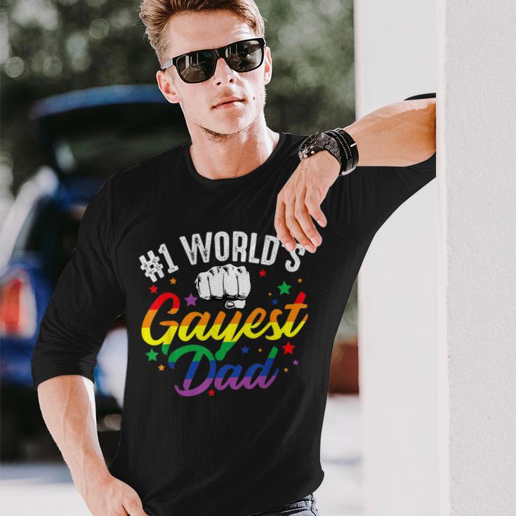 Mens 1 Worlds Gayest Dad Funny Fathers Day Lgbt Pride Rainbow 14 Shirt Unisex Long Sleeve Gifts for Him