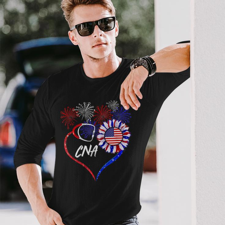Patriotic Nurse Cna 4Th Of July American Flag Sunflower Love V2 Long Sleeve T-Shirt Gifts for Him