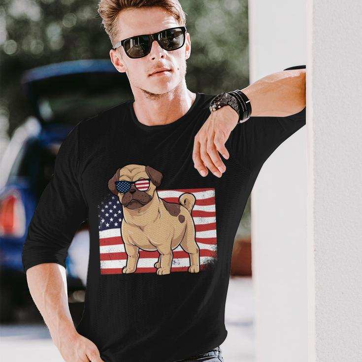 Pug Dad & Mom American Flag 4Th Of July Usa Pug Lover Long Sleeve T-Shirt Gifts for Him