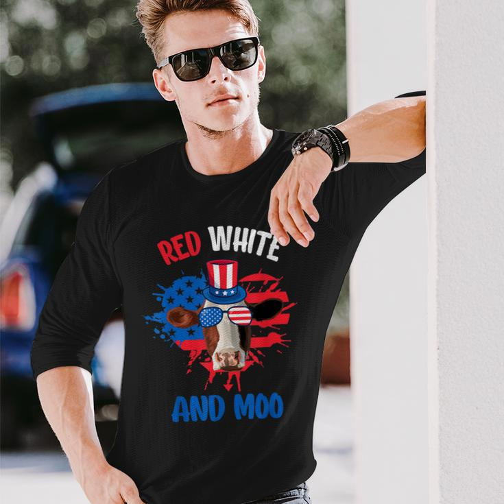 Red White And Moo Patriotic Cow Farmer 4Th Of July Long Sleeve T-Shirt Gifts for Him