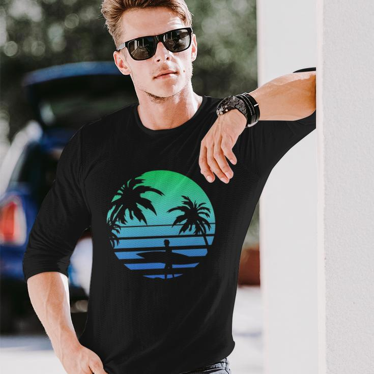 Retro Water Sport Surfboard Palm Tree Sea Tropical Surfing Long Sleeve T-Shirt T-Shirt Gifts for Him