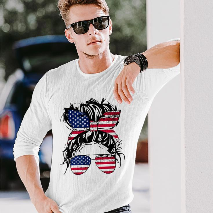 4Th Of July American Flag Patriotic Daughter Messy Bun Usa Long Sleeve T-Shirt T-Shirt Gifts for Him