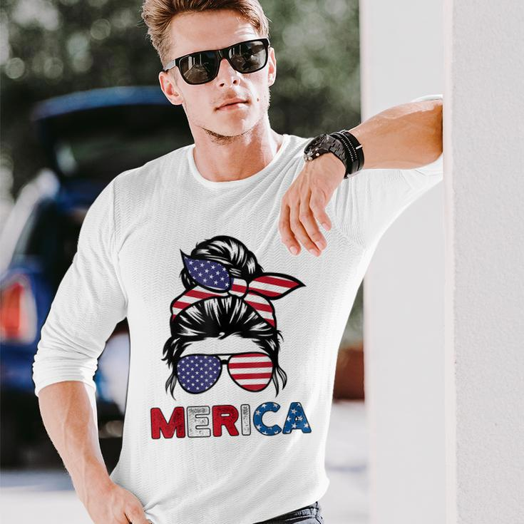 4Th Of July Merica Sunglasses Classy Mom Life Messy Bun Long Sleeve T-Shirt Gifts for Him