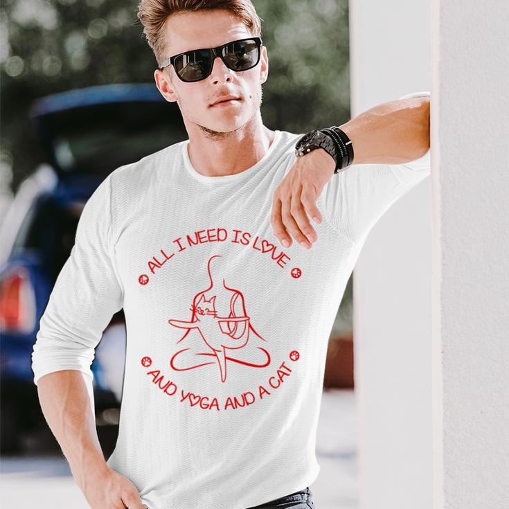 All I Need Is Love And Yoga And A Cat Lovers Gift For Yoga Lovers Red Unisex Long Sleeve Gifts for Him