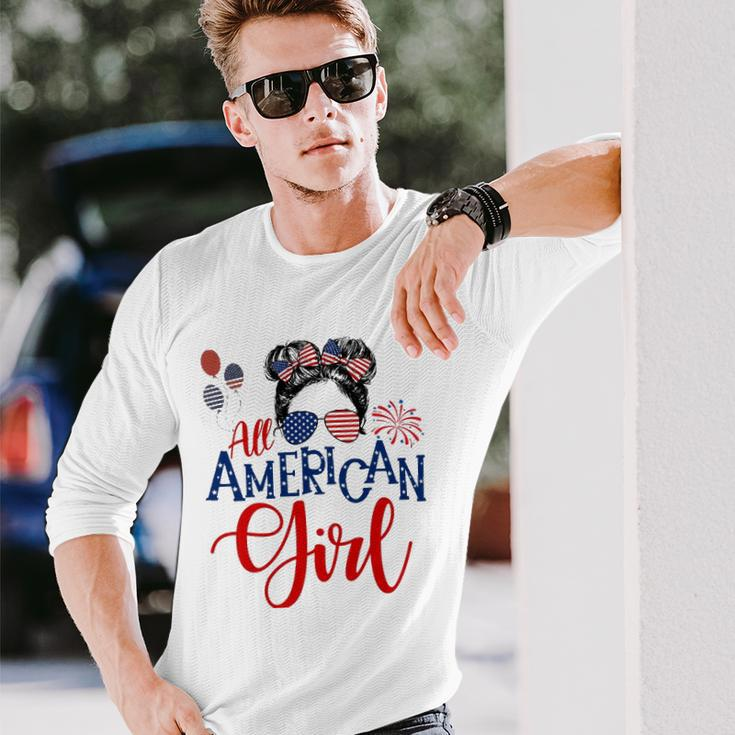 All American Girl 4Th Of July Messy Bun Sunglasses Usa Flag Long Sleeve T-Shirt T-Shirt Gifts for Him