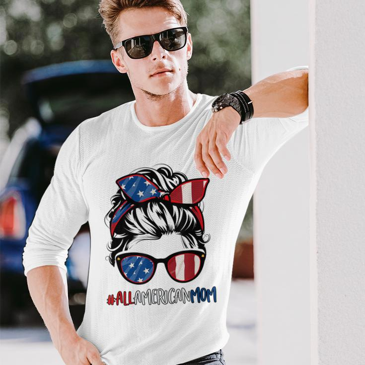 All American Mom 4Th Of July Women Messy Bun Usa Flag Long Sleeve T-Shirt Gifts for Him