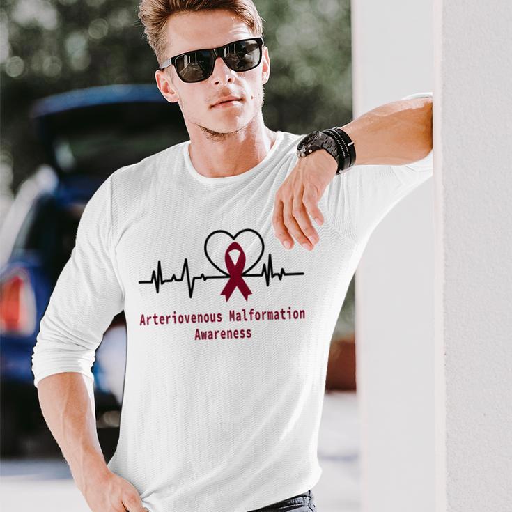 Arteriovenous Malformation Awareness Heartbeat Burgundy Ribbon Arteriovenous Malformation Support Arteriovenous Malformation Awareness Unisex Long Sleeve Gifts for Him