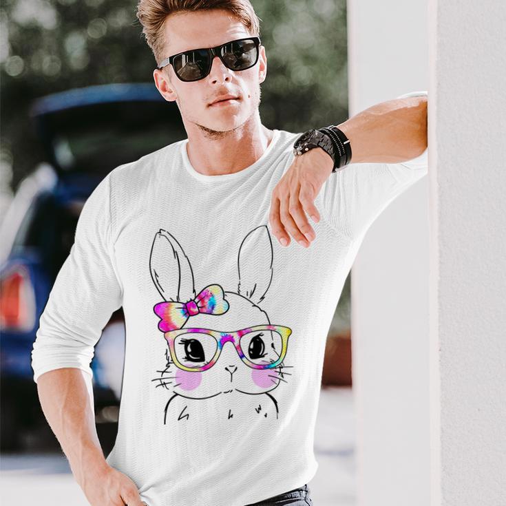 Cute Bunny Rabbit Face Tie Dye Glasses Girl Happy Easter Day Unisex Long Sleeve Gifts for Him