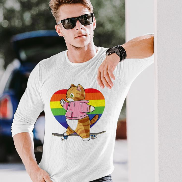 Cute Orange Tabby Cat Skateboarder Rainbow Heart Skater Long Sleeve T-Shirt T-Shirt Gifts for Him