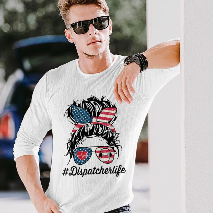 Dispatcher Messy Bun American Us Flag 4Th Of July Long Sleeve T-Shirt Gifts for Him