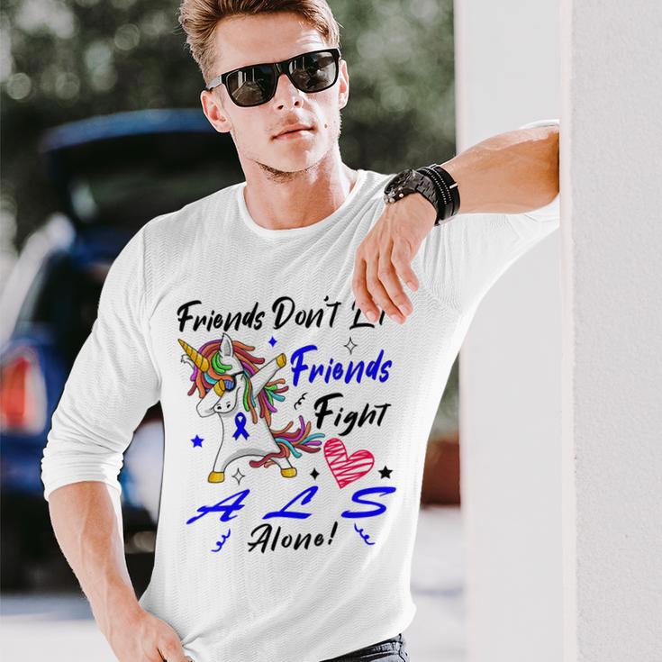 Friends Dont Let Friends Fight Als Alone Unicorn Blue Ribbon Amyotrophic Lateral Sclerosis Support Als Awareness Unisex Long Sleeve Gifts for Him