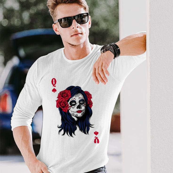 Halloween Sugar Skull With Red Floral Halloween By Mesa Cute Long Sleeve T-Shirt Gifts for Him