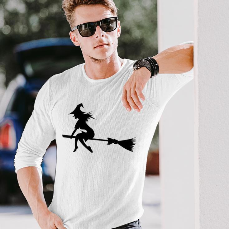 Halloween Young Scary Witch On Broom Pattern Unisex Long Sleeve Gifts for Him