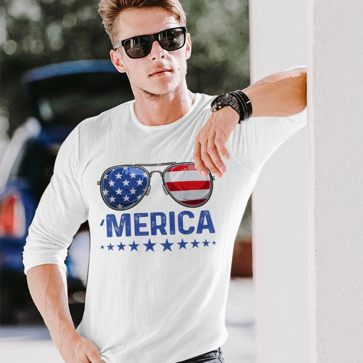 Merica Patriotic Usa Flag Sunglusses 4Th Of July Usa Long Sleeve T-Shirt Gifts for Him