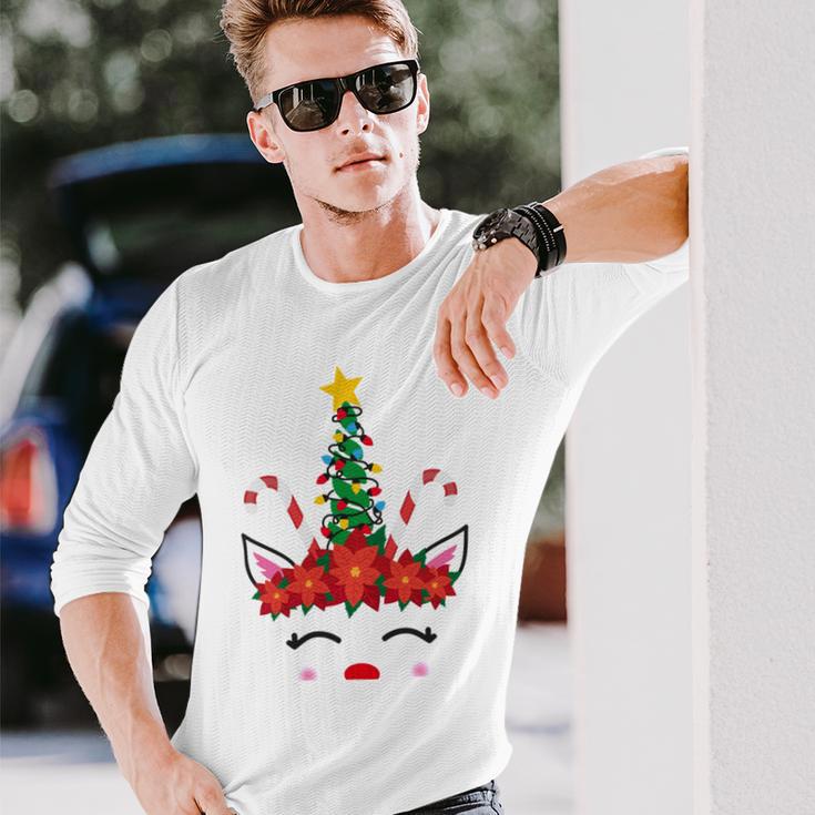 New Christmas Unicorn Face Santicorn Poinsettia Crown Cute V2 Unisex Long Sleeve Gifts for Him