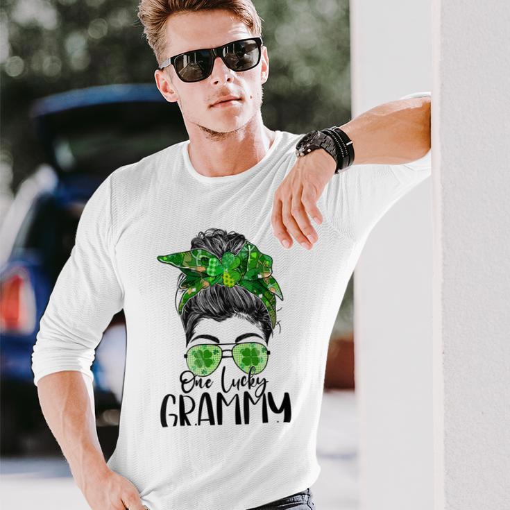 One Lucky Grammy Messy Bun Lucky Shamrock St Patricks Day Unisex Long Sleeve Gifts for Him