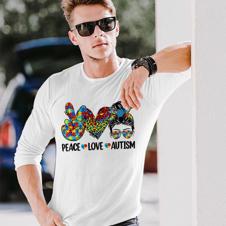 Peace Love Autism Mom Life Messy Bun Blue Autism Awareness Unisex Long Sleeve Gifts for Him