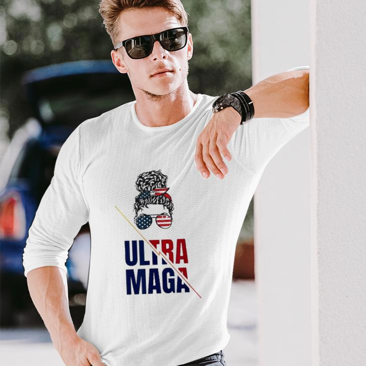 Pro Trump Ultra Mega Messy Bun Usa Flag Anti Joe Biden Long Sleeve T-Shirt T-Shirt Gifts for Him